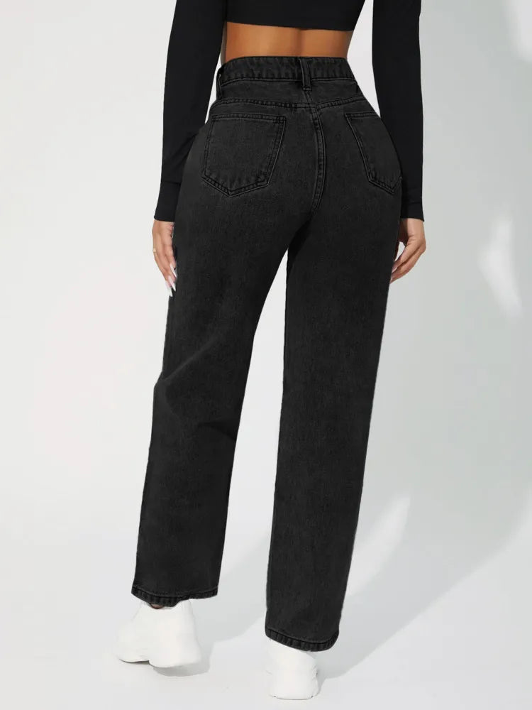 Women's High-Waisted Straight-Leg Jeans - Classic Denim - Button & Zip Closure