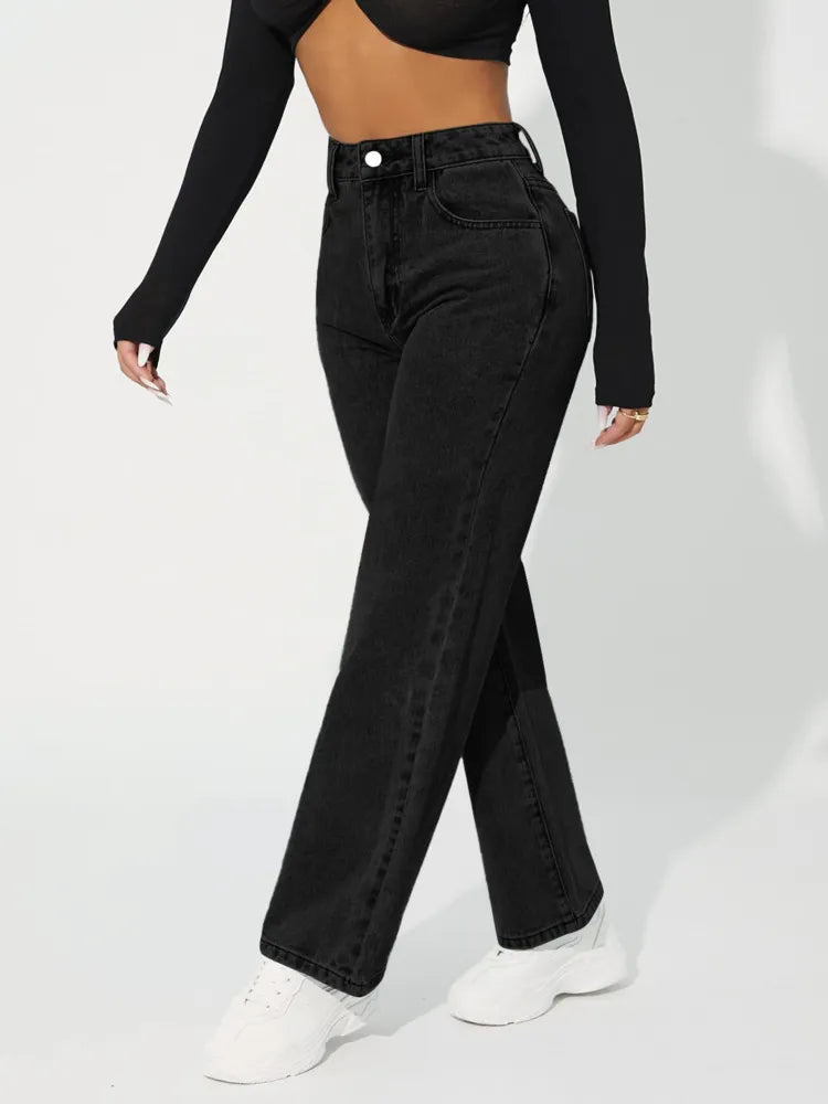 Women's High-Waisted Straight-Leg Jeans - Classic Denim - Button & Zip Closure