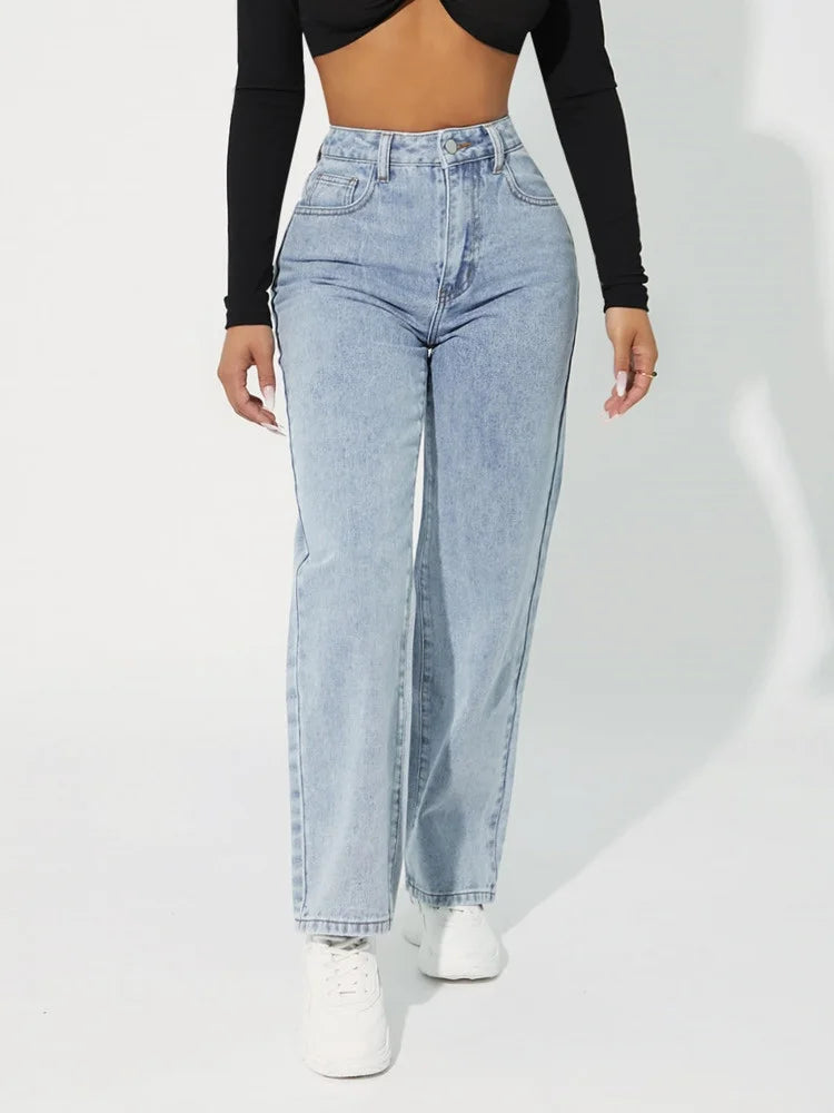 Women's High-Waisted Straight-Leg Jeans - Classic Denim - Button & Zip Closure