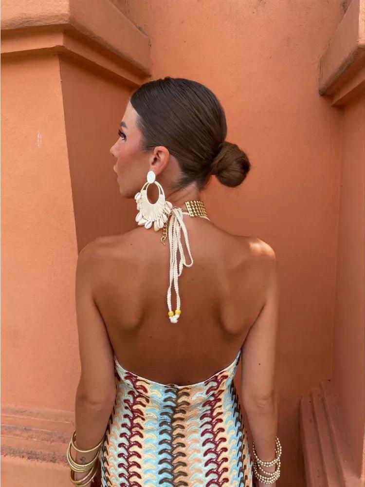 Women's Robe d’Été Élégante à Col Halter et Décolleté Plongeant
