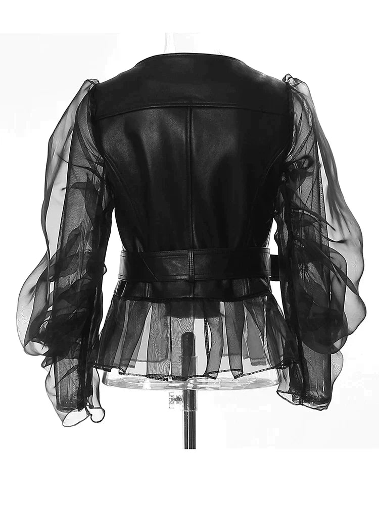 Veste Femme en Similicuir – Manches Volantes Transparentes – Taille Ceinturée – Fermeture Zippée