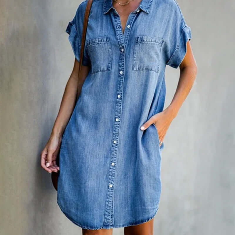 Robe Chemise en Jean à Manches Courtes et Coupe Décontractée pour Femme