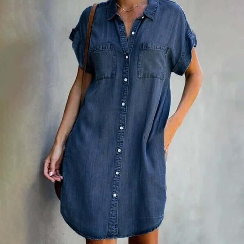 Robe Chemise en Jean à Manches Courtes et Coupe Décontractée pour Femme