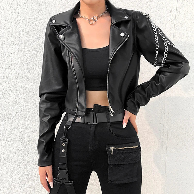 Veste Décontractée Femme en Similicuir – Détails Chaînes Argentées