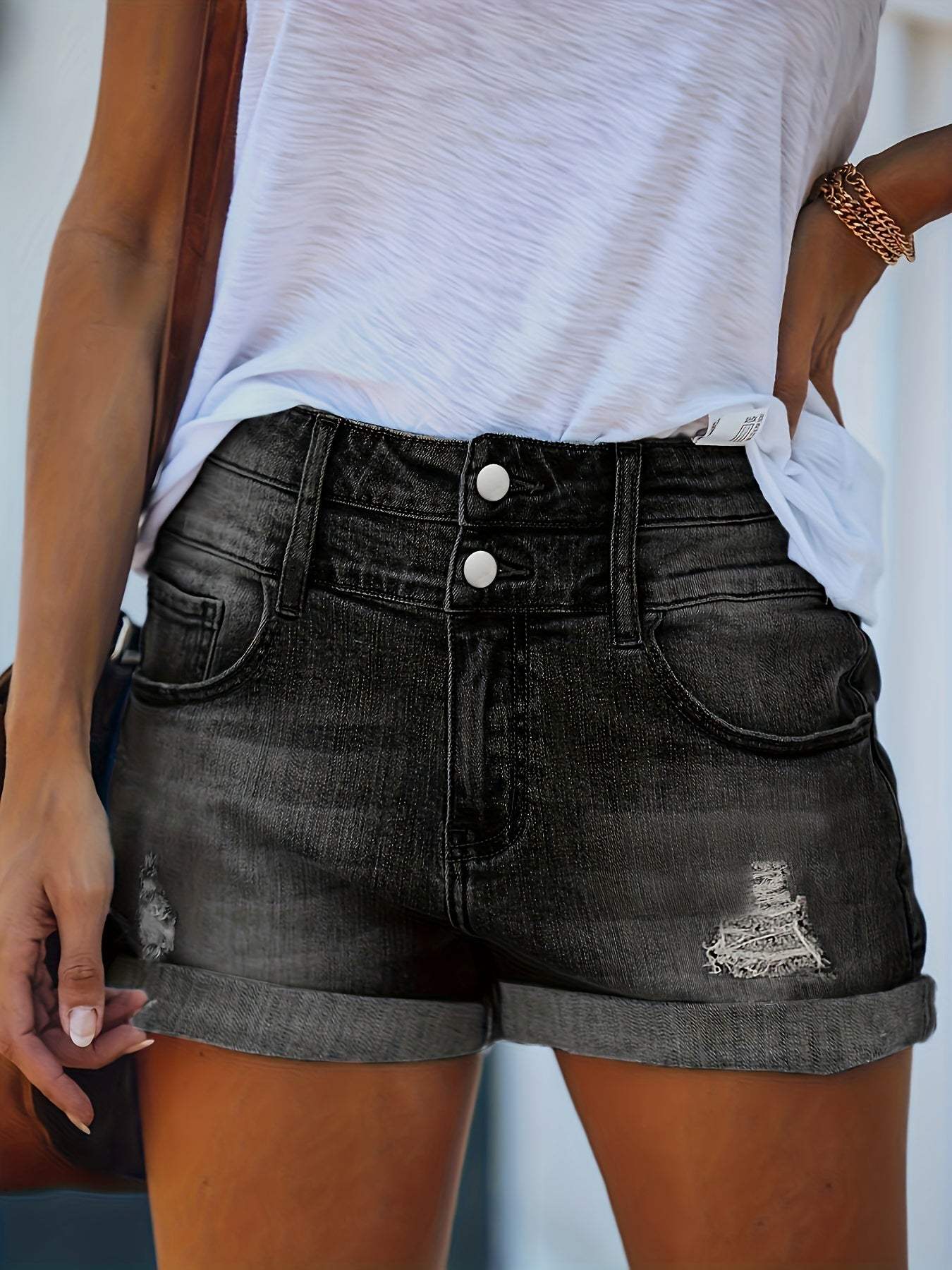 Short en Jean Taille Haute pour Femme – Ourlet Revers et Effet Usé Décontracté