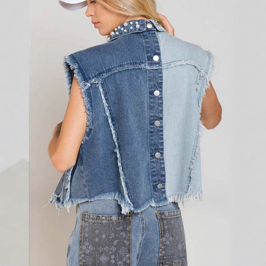 Gilet Court en Jean Patchwork à Clous pour Femme