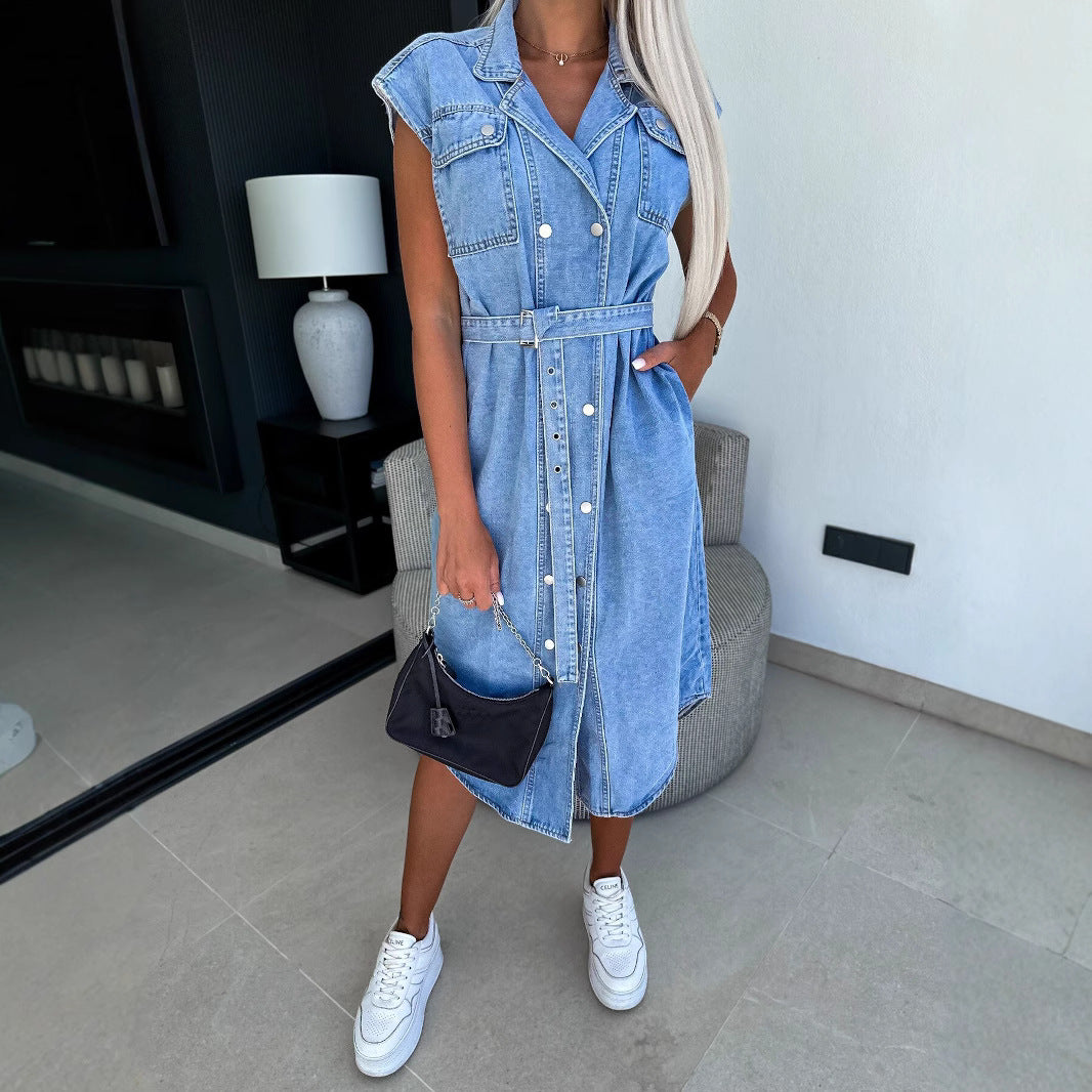 Robe Midi en Jean Sans Manches à Ceinture et Boutons pour Femme