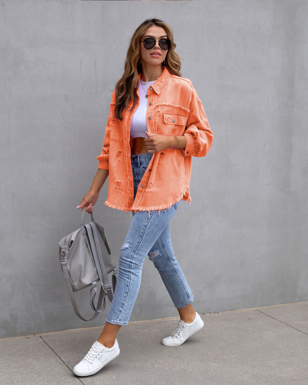 Veste en Jean Oversize Délavée Mi-Longue pour Femme