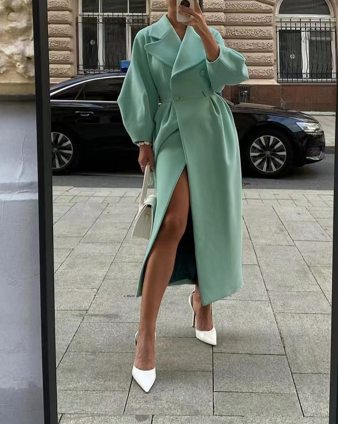 Manteau Long pour Femmes à Manches Bouffantes et Col, Coupe Cintrée Élégante