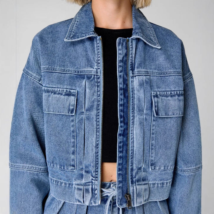Veste en Jean Oversize Courte à Fermeture Zippée et Poches Utilitaires pour Femme