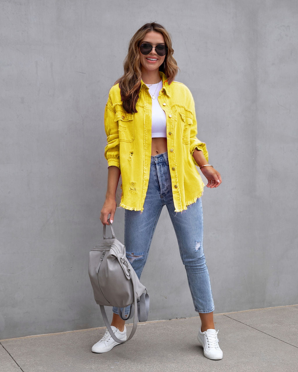 Veste en Jean Oversize Délavée Mi-Longue pour Femme