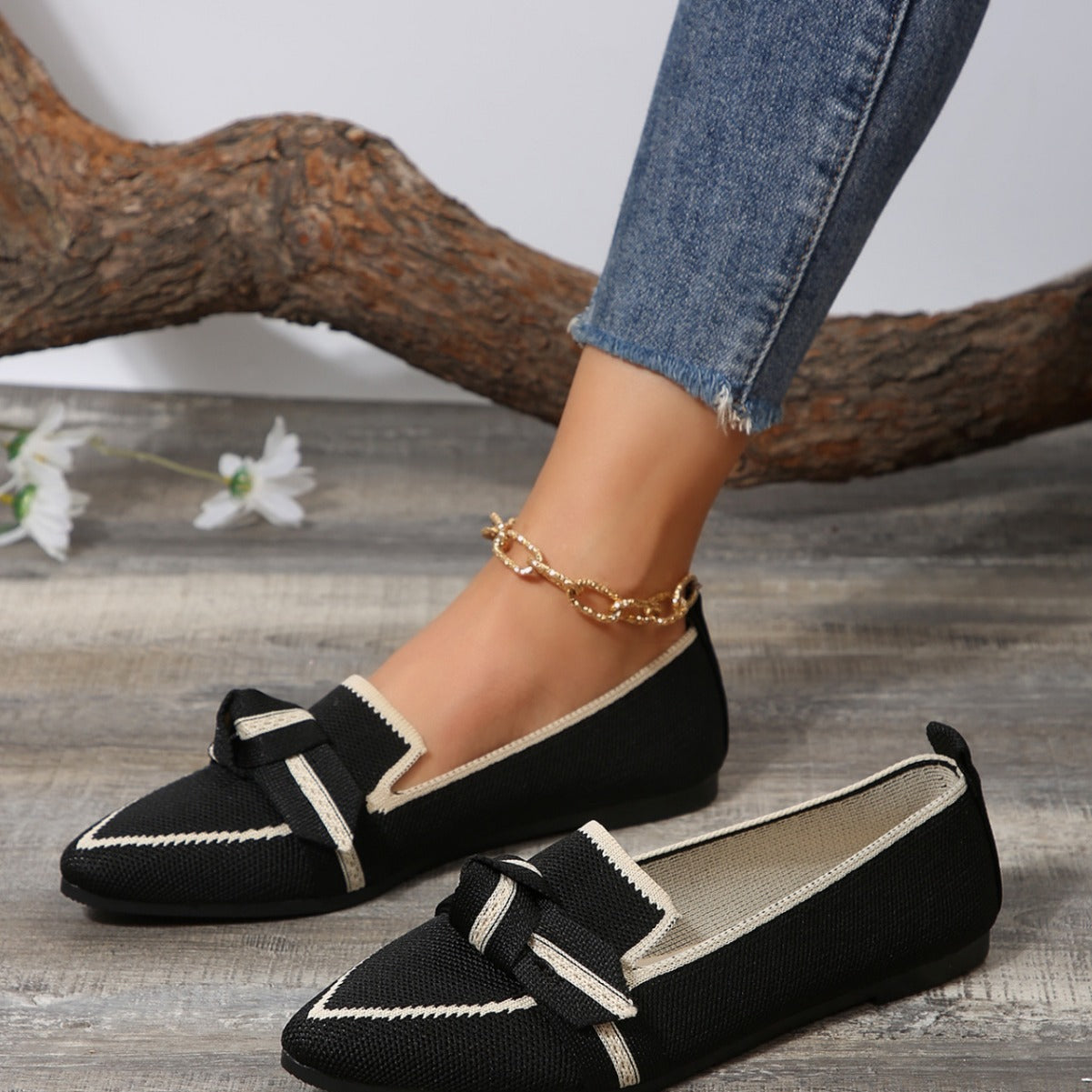 Chaussures Plates à Bout Pointu en Maille Souple avec Nœud pour Femmes