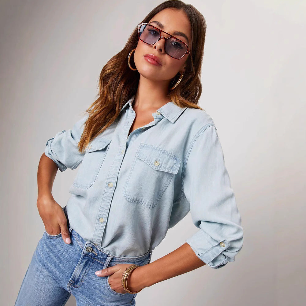 Chemise en Jean Décontractée à Manches Longues pour Femme
