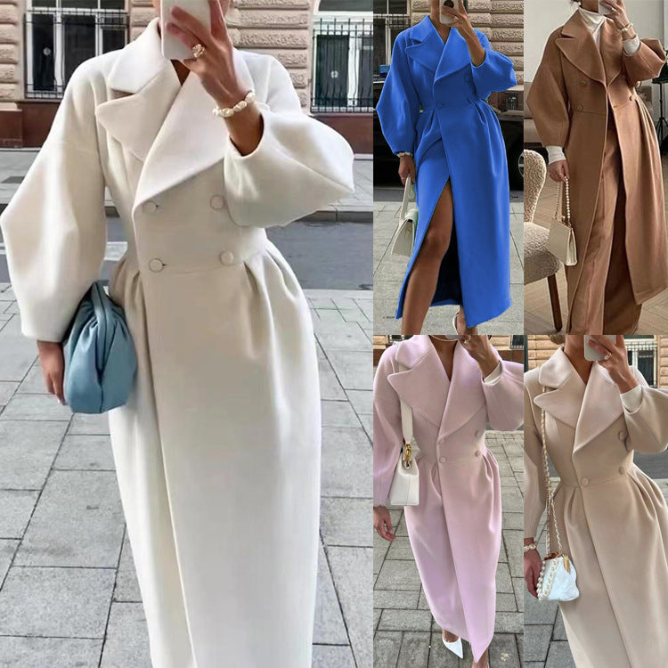 Manteau Long pour Femmes à Manches Bouffantes et Col, Coupe Cintrée Élégante