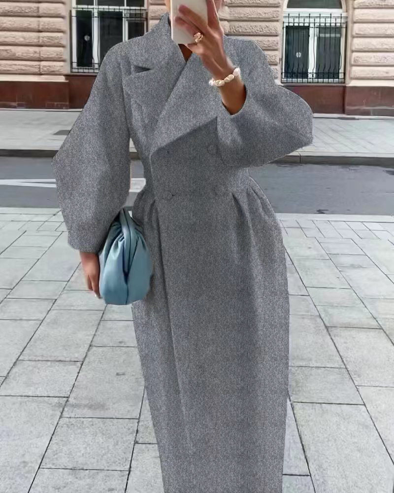 Manteau Long pour Femmes à Manches Bouffantes et Col, Coupe Cintrée Élégante