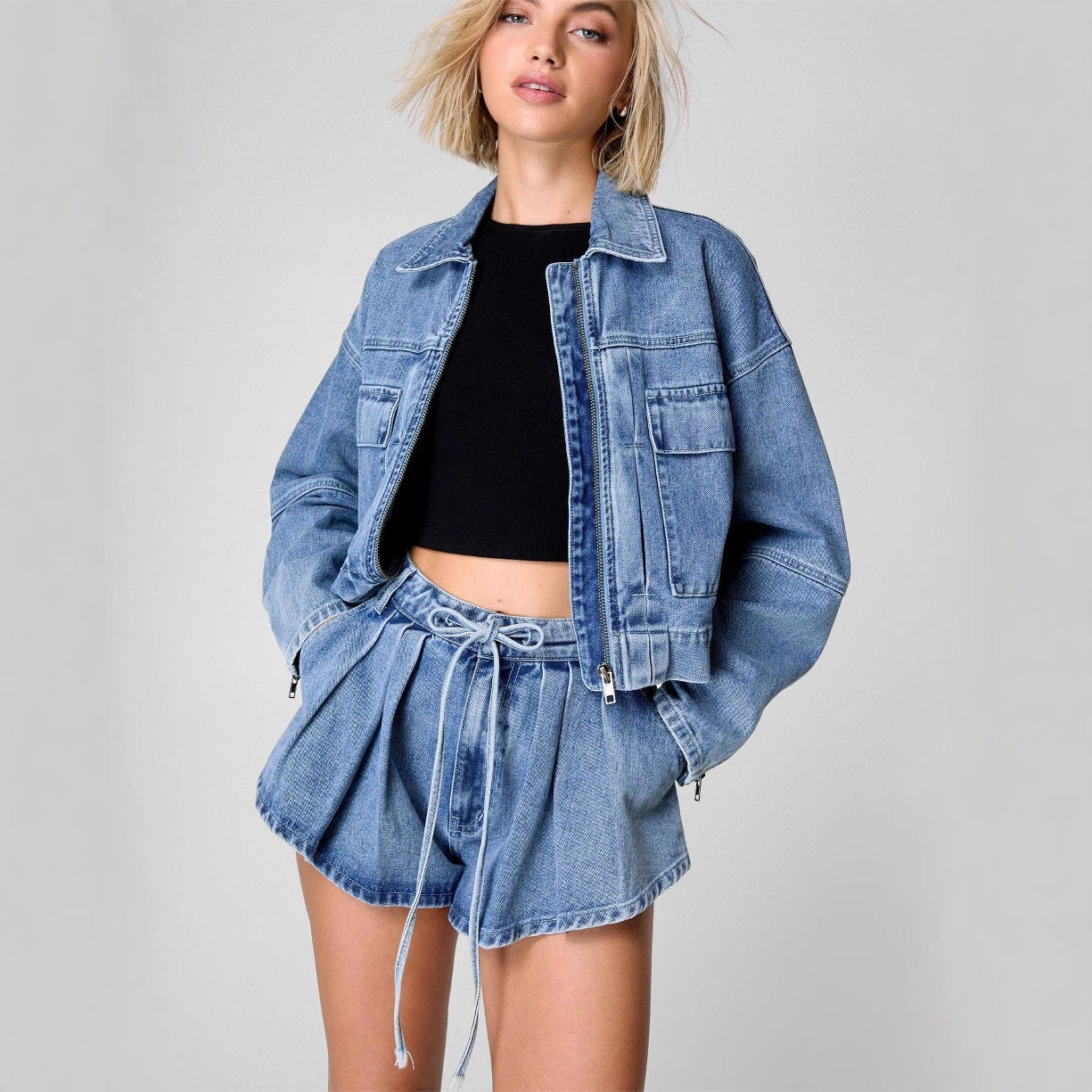 Veste en Jean Oversize Courte à Fermeture Zippée et Poches Utilitaires pour Femme