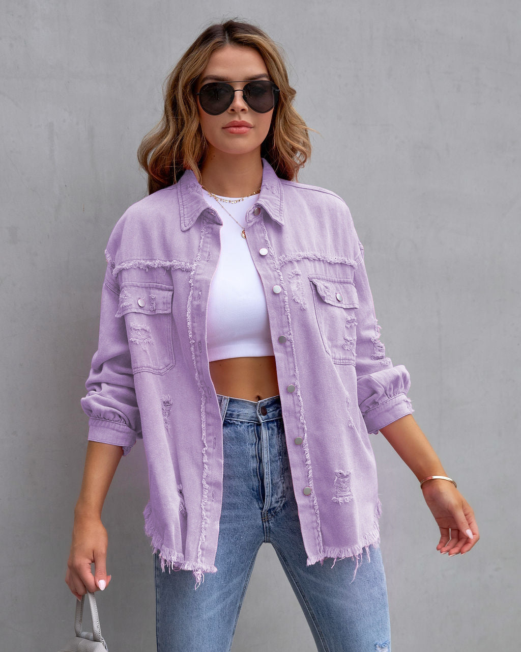 Veste en Jean Oversize Délavée Mi-Longue pour Femme
