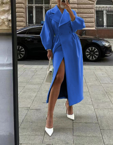 Manteau Long pour Femmes à Manches Bouffantes et Col, Coupe Cintrée Élégante