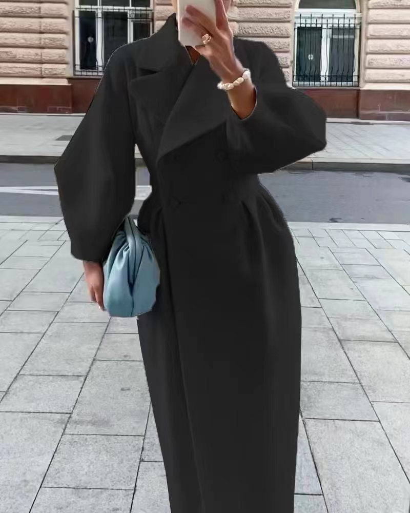 Manteau Long pour Femmes à Manches Bouffantes et Col, Coupe Cintrée Élégante