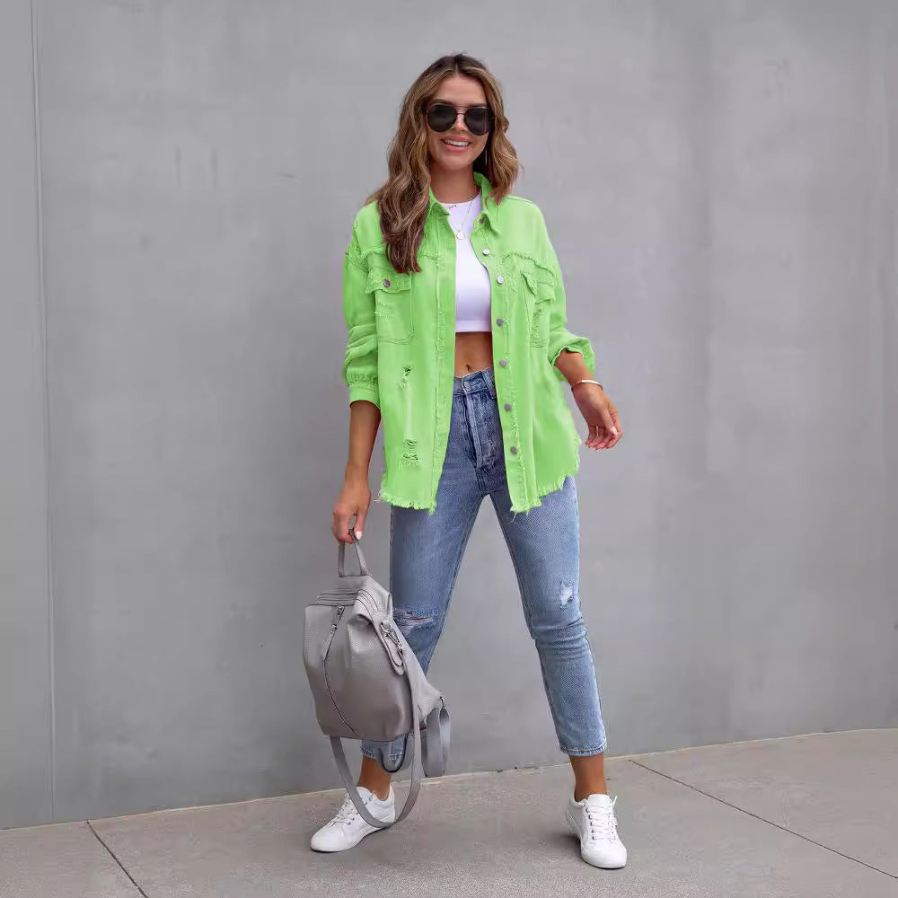Veste en Jean Oversize Délavée Mi-Longue pour Femme