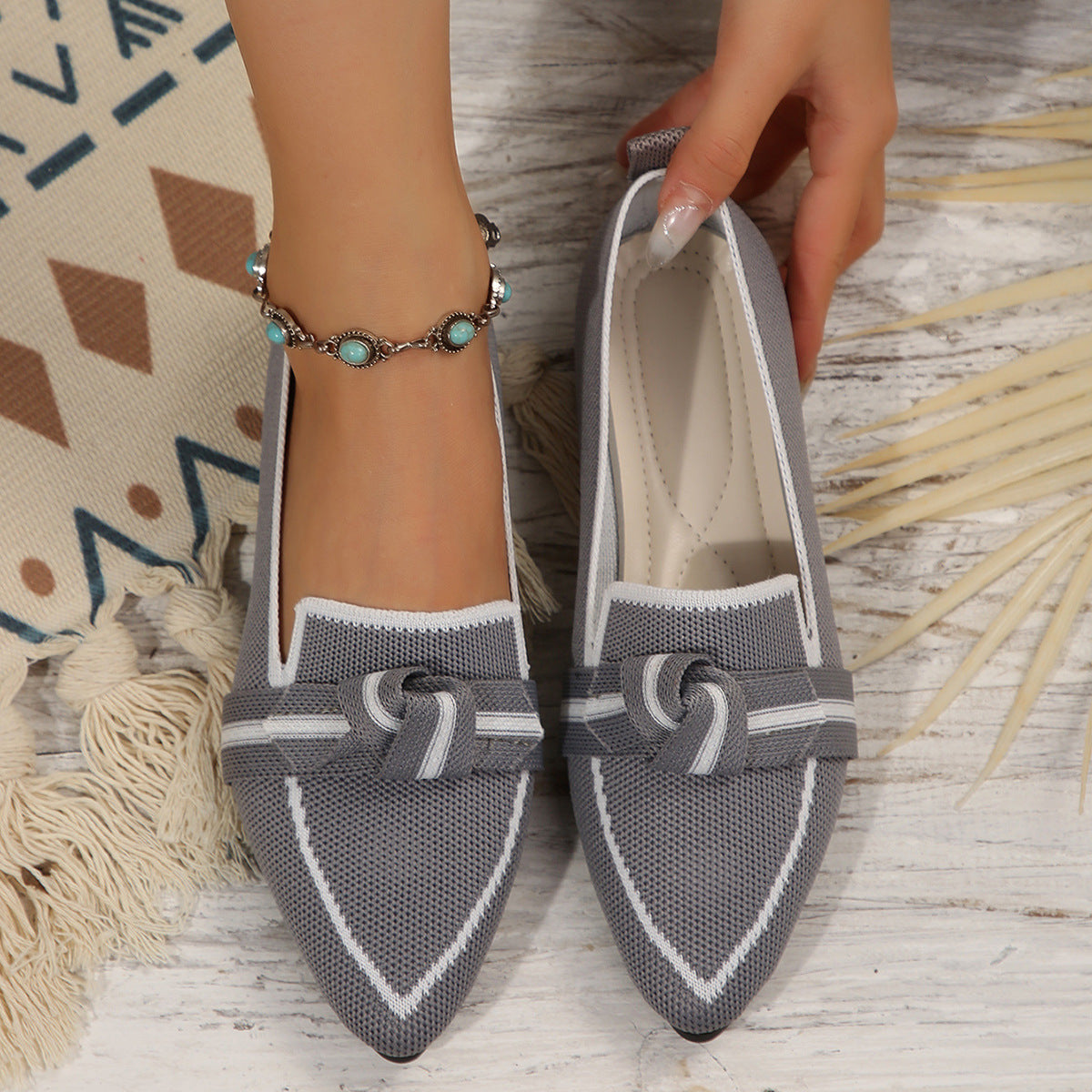 Chaussures Plates à Bout Pointu en Maille Souple avec Nœud pour Femmes