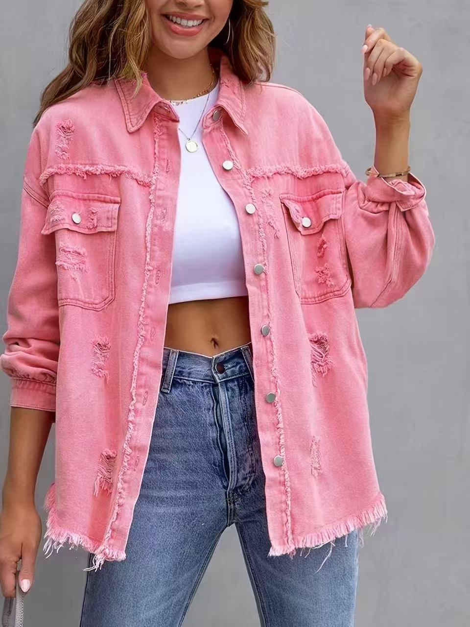 Veste en Jean Oversize Délavée Mi-Longue pour Femme