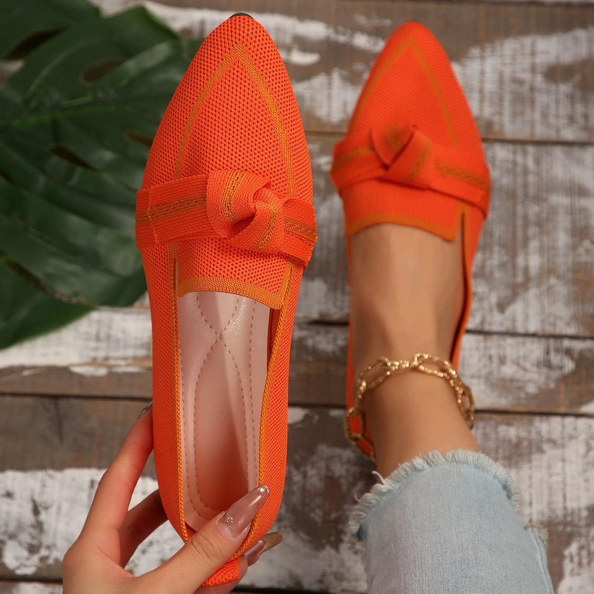 Chaussures Plates à Bout Pointu en Maille Souple avec Nœud pour Femmes