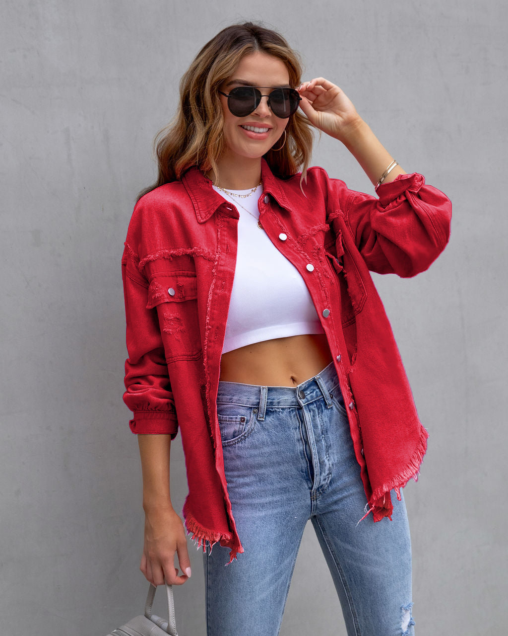Veste en Jean Oversize Délavée Mi-Longue pour Femme