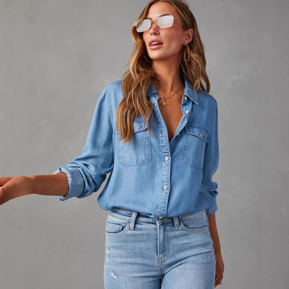 Chemise en Jean Décontractée à Manches Longues pour Femme