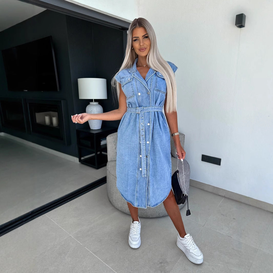 Robe Midi en Jean Sans Manches à Ceinture et Boutons pour Femme