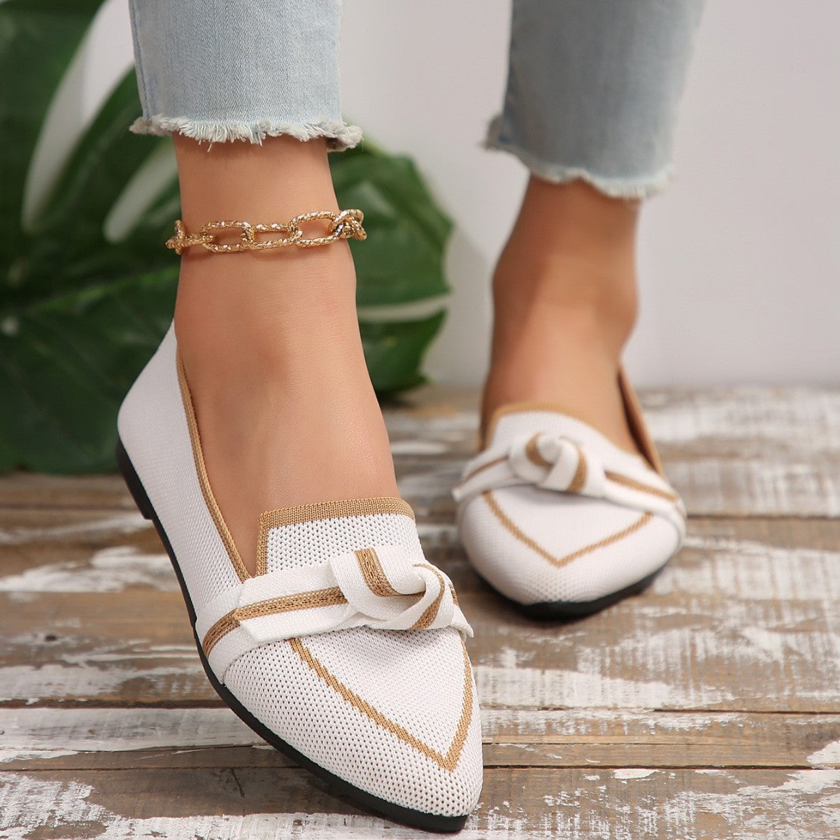 Chaussures Plates à Bout Pointu en Maille Souple avec Nœud pour Femmes
