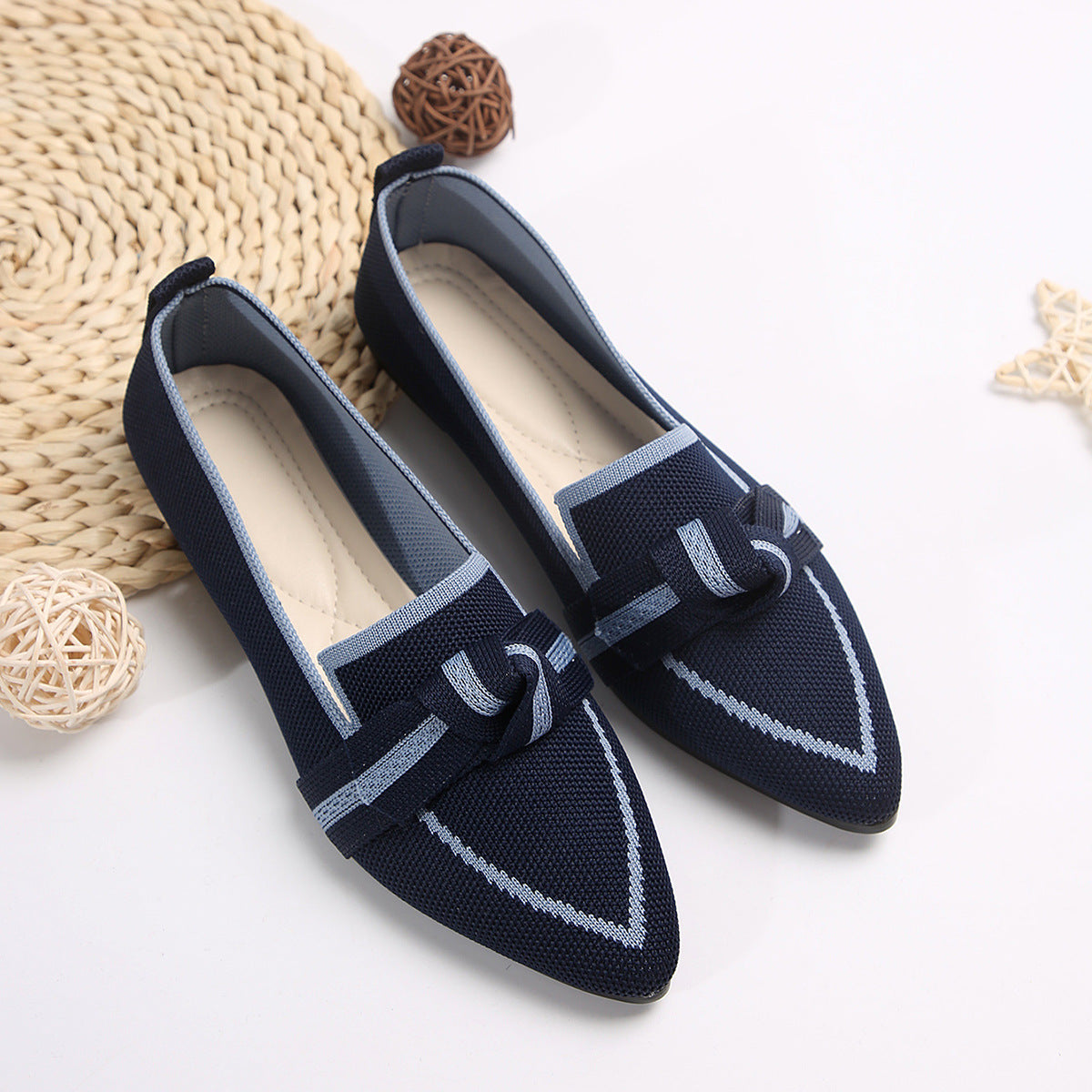 Chaussures Plates à Bout Pointu en Maille Souple avec Nœud pour Femmes
