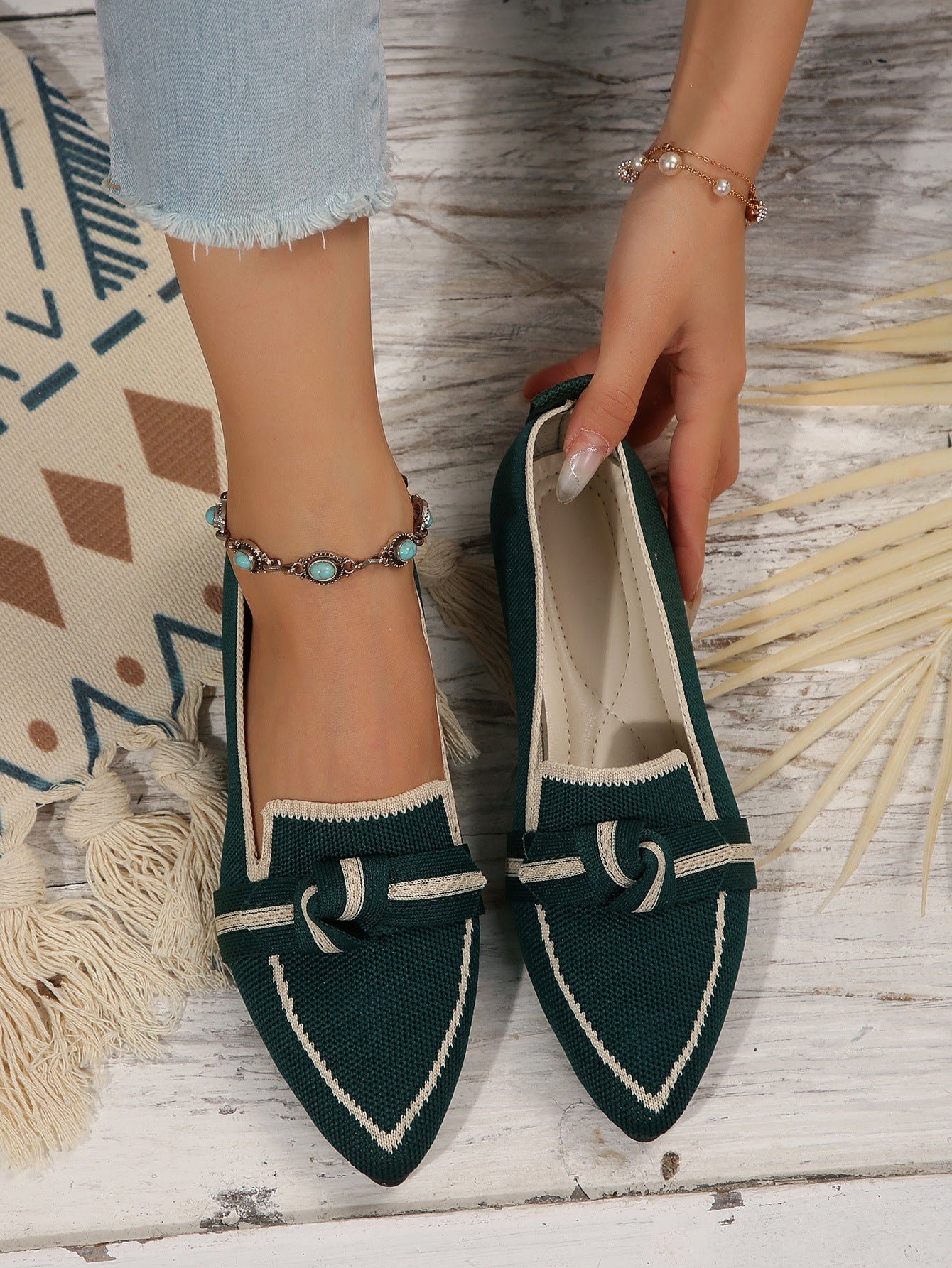 Chaussures Plates à Bout Pointu en Maille Souple avec Nœud pour Femmes