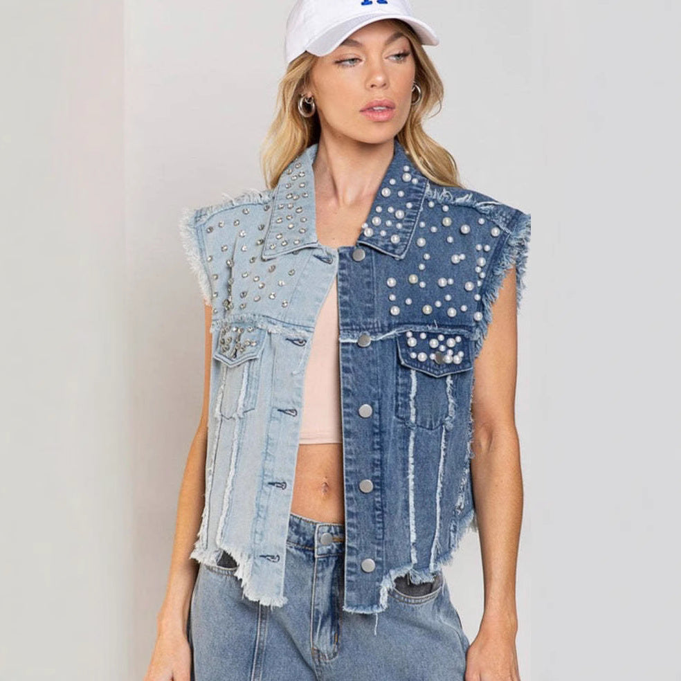 Gilet Court en Jean Patchwork à Clous pour Femme