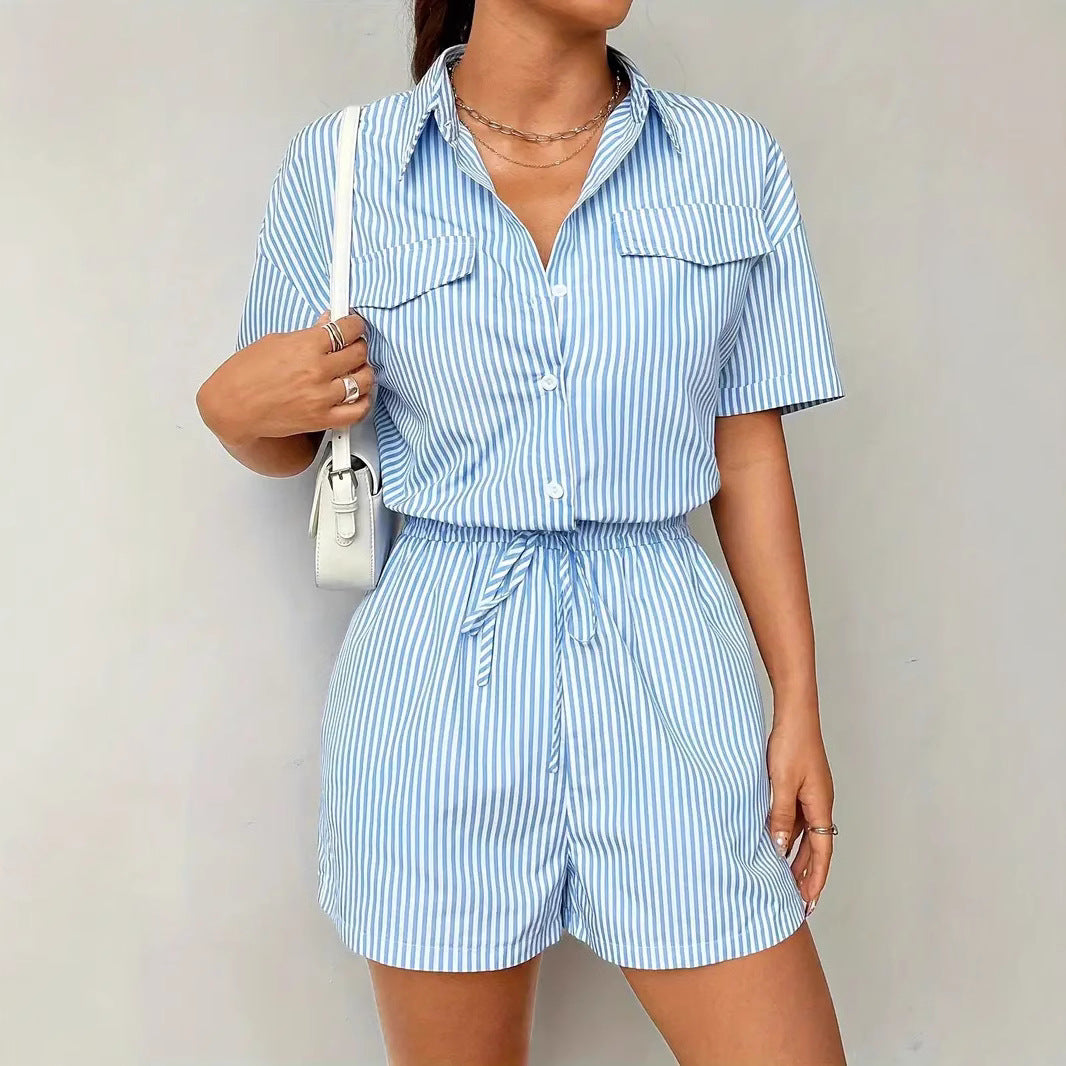 Women’s Romper – Button Front – Cinched Waist – Short Sleeve – Striped Cotton Blend