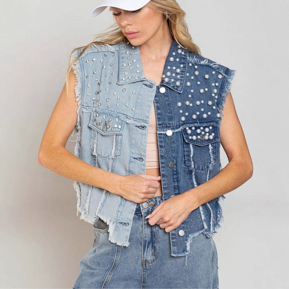 Gilet Court en Jean Patchwork à Clous pour Femme