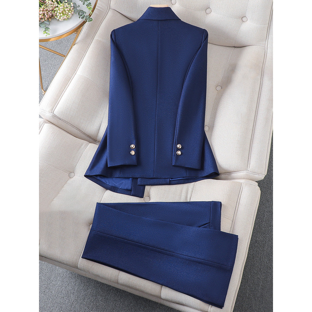 Tailleur Femme Élégant – Veste Cintrée à Revers Cranté – Fermeture Simple – Pantalon Assorti