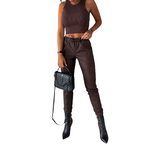 Pour femme - Pantalon taille haute en simili cuir jambe fuselée zips chevilles