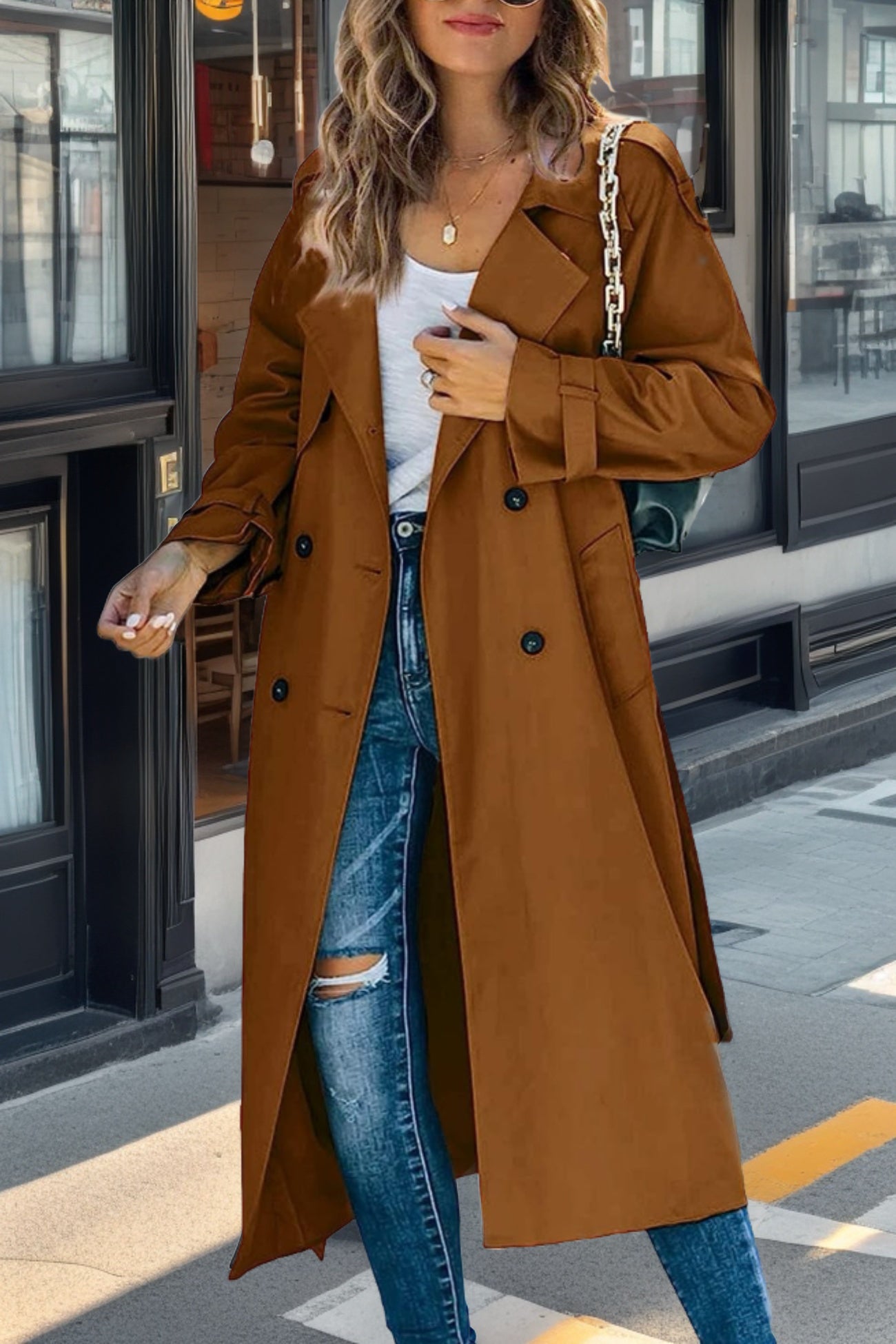 Trench Coat pour Femmes à Coupe Décontractée, Double Boutonnage et Ceinture à la Taille