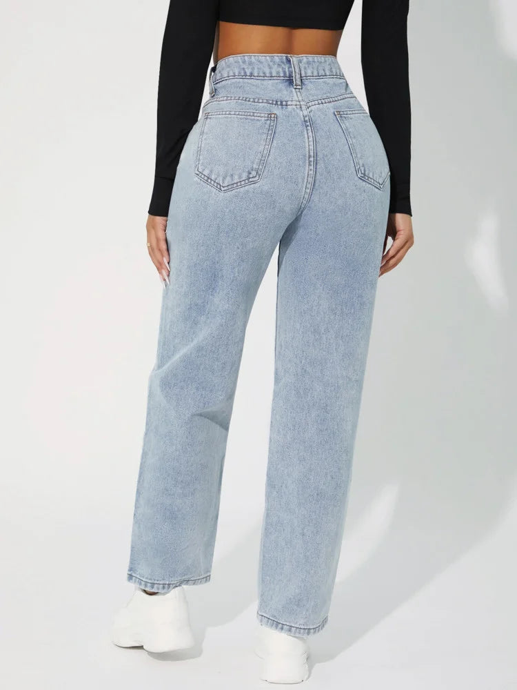 Women's High-Waisted Straight-Leg Jeans - Classic Denim - Button & Zip Closure