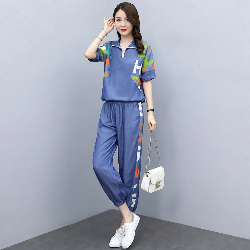 Ensemble Femme Décontracté Deux Pièces – Crop Top et Pantalon Taille Haute – Printemps/Été