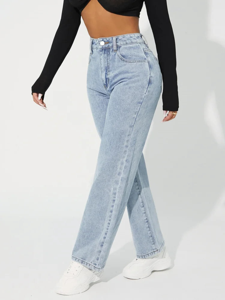 Women's High-Waisted Straight-Leg Jeans - Classic Denim - Button & Zip Closure