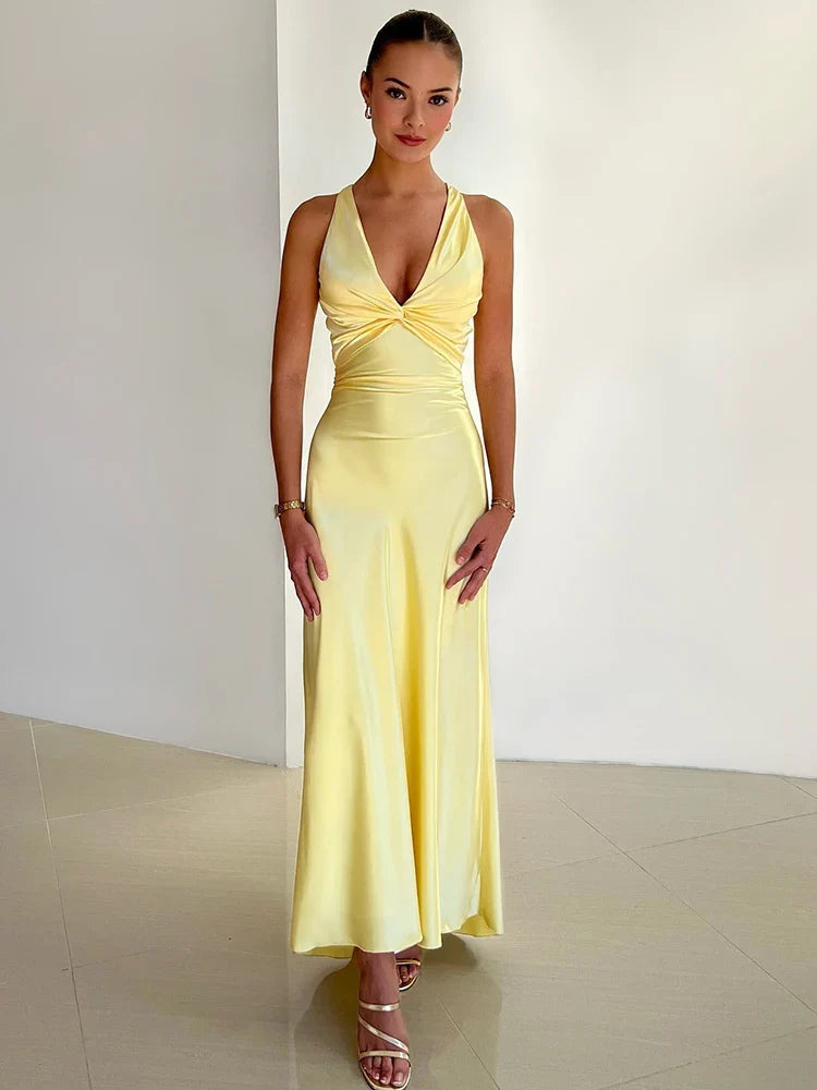 Robe de Soirée Femme en Satin avec Col Halter et Sans Manches