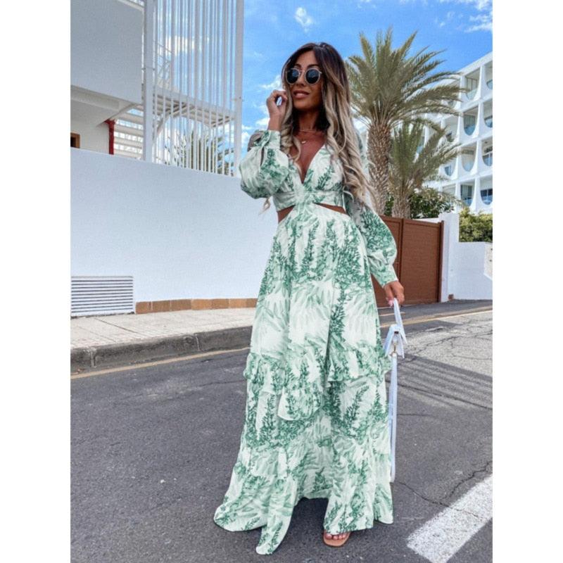 Robe longue fluide à découpe taille, col en V et manches bouffantes pour femme