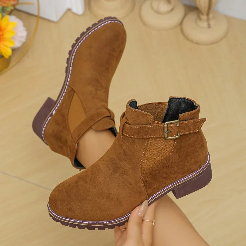 Women's Bottines Décontractées avec Boucle Ceinture et Bout Rond
