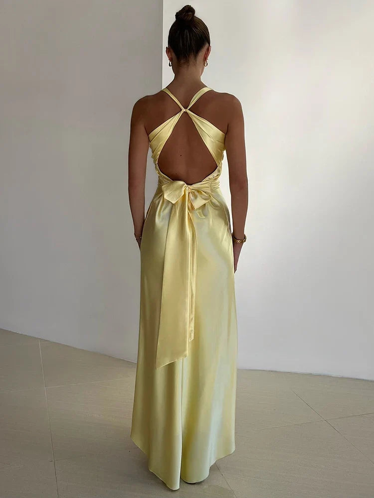 Robe de Soirée Femme en Satin avec Col Halter et Sans Manches