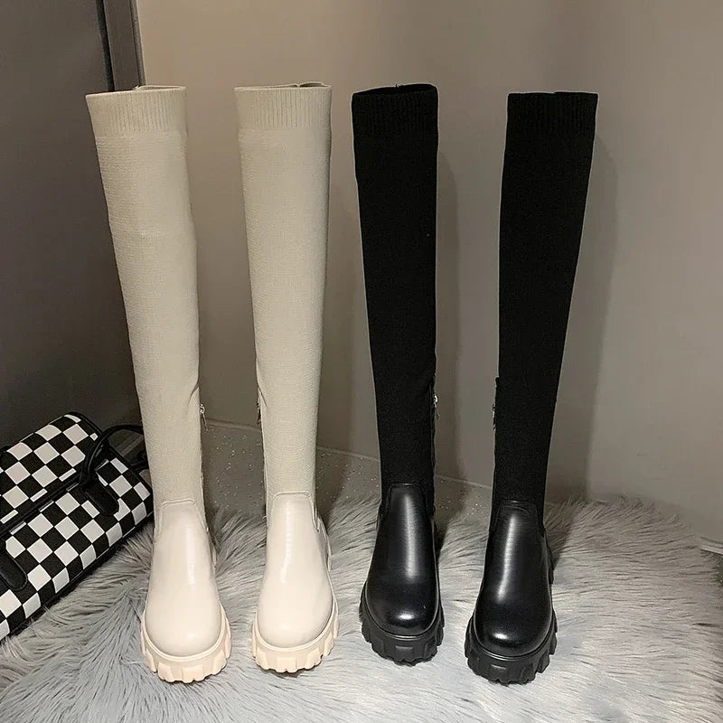Women's Cuissardes Extensibles à Bout Rond et Talon Moyen