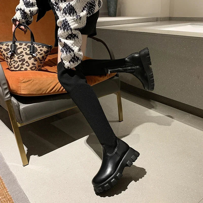 Women's Cuissardes Extensibles à Bout Rond et Talon Moyen