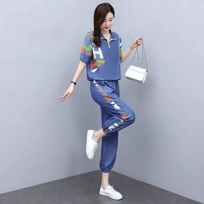 Ensemble Femme Décontracté Deux Pièces – Crop Top et Pantalon Taille Haute – Printemps/Été