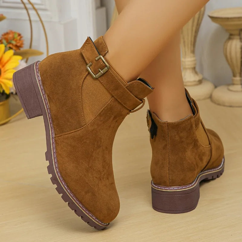 Women's Bottines Décontractées avec Boucle Ceinture et Bout Rond